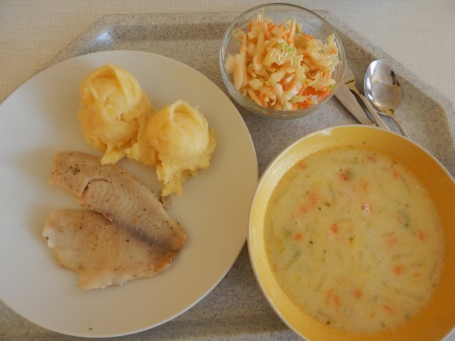 jarní zeleninová polévka, talápie na bylinkách, šťouchané brambory, salát