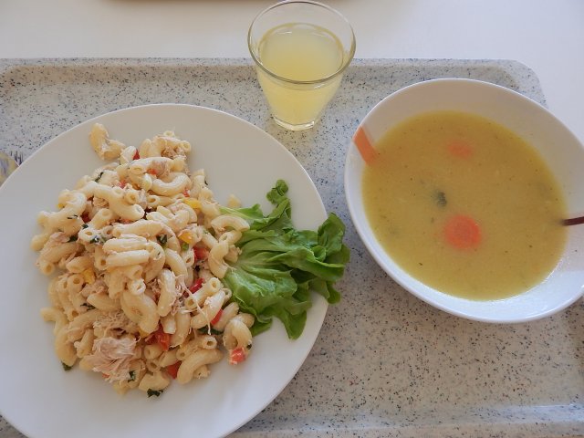 zeleninová polévka, těstoviny s tuňákem