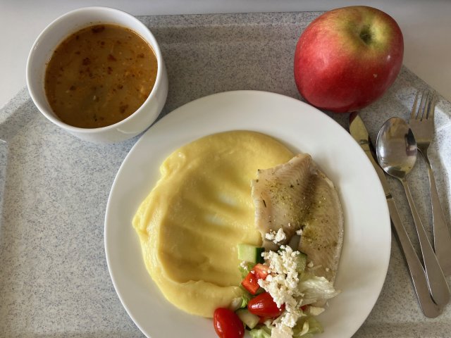 gulášovka z hlívy ústričné, tilápie na másle s bramborovou kaší