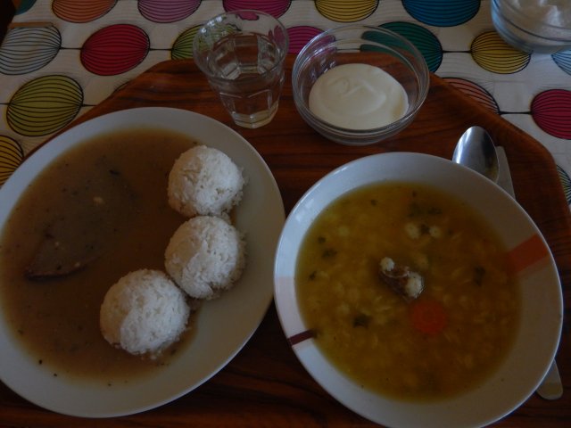 vývar s těstovinou, hovězí roštěná, rýže, jogurt