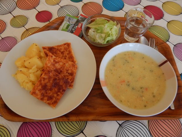 krupicová s vejcem, sýrový nákyp, brambory, salát