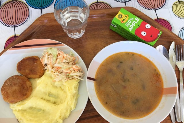 gulášová z hlívy ústřičné, rybí karbanátek, bramborová kaše, zeleninový salát, juice