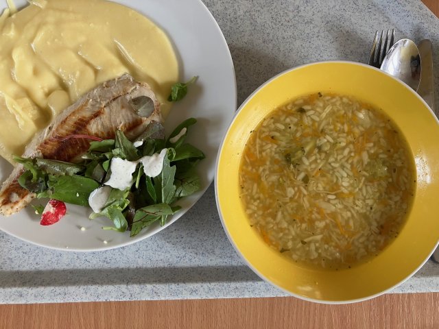 vývar s rýží, mořská štika s bramborovou kaší