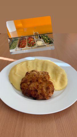 vývar s těstovinami, holandský řízek s bramborovou kaší