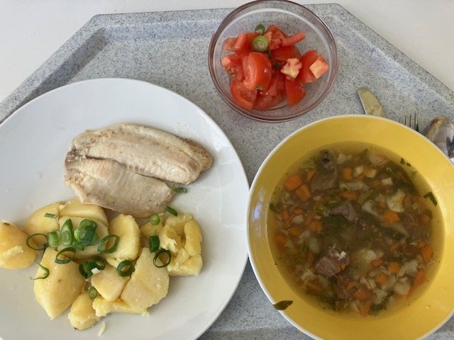 zeleninová polévka s vločkami, talápie na bylinkách, bramborová kaše