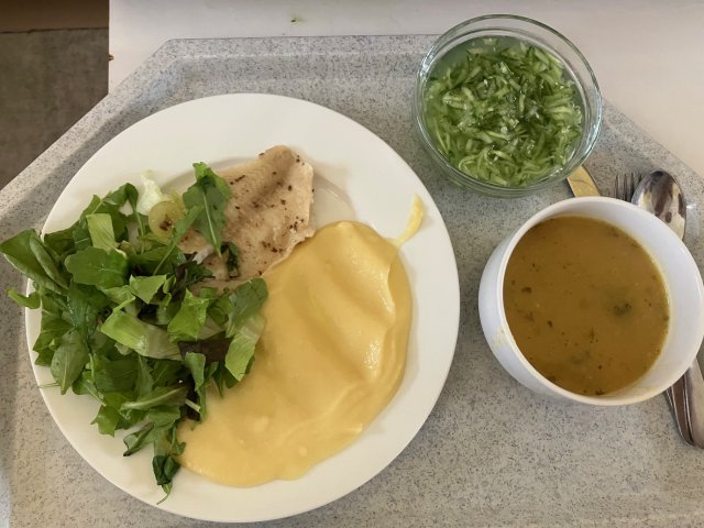 celerový krém, tilápie na másle, bramborová kaše