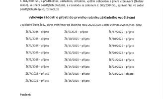 Rozhodnutí o přijetí žáků k základnímu vzdělávání od školního roku 2025/26